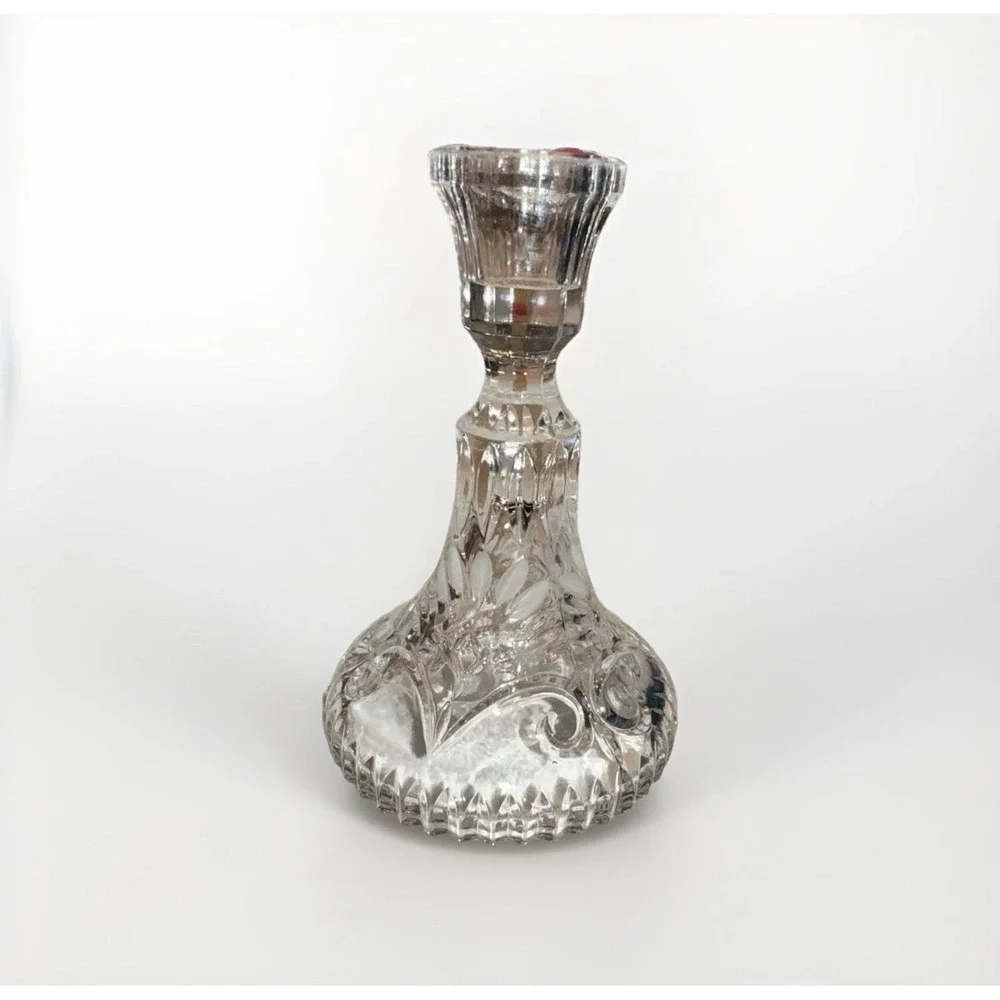 Vintage Cut Lead Crystal Taper Candle Holder Frosted Floral Scroll Bell Base